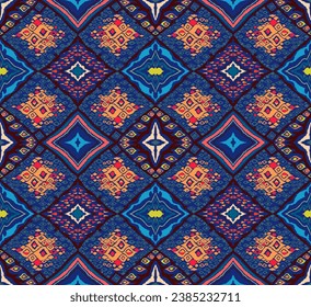 Seamless pattern with multicolored diamonds. Geometric chevron abstract illustration, wallpaper. Tribal ethnic vector texture. Aztec style. Folk embroidery. Indian, Scandinavian, African rug.