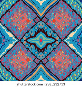 Seamless pattern with multicolored diamonds. Geometric chevron abstract illustration, wallpaper. Tribal ethnic vector texture. Aztec style. Folk embroidery. Indian, Scandinavian, African rug.