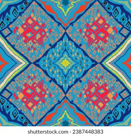 Seamless pattern with multicolored diamonds. Geometric chevron abstract illustration, wallpaper. Tribal ethnic vector texture. Aztec style. Folk embroidery. Indian, Scandinavian, African rug.