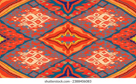 Seamless pattern with multicolored diamonds. Geometric chevron abstract illustration, wallpaper. Tribal ethnic vector texture. Aztec style. Folk embroidery. Indian, Scandinavian, African rug.