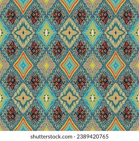 Seamless pattern with multicolored diamonds. Geometric chevron abstract illustration, wallpaper. Tribal ethnic vector texture. Aztec style. Folk embroidery. Indian, Scandinavian, African rug.