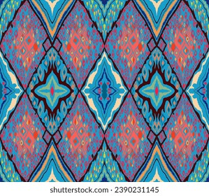 Seamless pattern with multicolored diamonds. Geometric chevron abstract illustration, wallpaper. Tribal ethnic vector texture. Aztec style. Folk embroidery. Indian, Scandinavian, African rug.