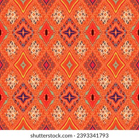 Seamless pattern with multicolored diamonds. Geometric chevron abstract illustration, wallpaper. Tribal ethnic vector texture. Aztec style. Folk embroidery. Indian, Scandinavian, African rug.