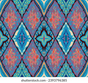 Seamless pattern with multicolored diamonds. Geometric chevron abstract illustration, wallpaper. Tribal ethnic vector texture. Aztec style. Folk embroidery. Indian, Scandinavian, African rug.