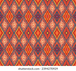 Seamless pattern with multicolored diamonds. Geometric chevron abstract illustration, wallpaper. Tribal ethnic vector texture. Aztec style. Folk embroidery. Indian, Scandinavian, African rug.