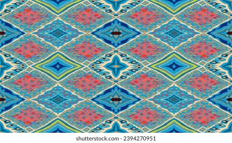 Seamless pattern with multicolored diamonds. Geometric chevron abstract illustration, wallpaper. Tribal ethnic vector texture. Aztec style. Folk embroidery. Indian, Scandinavian, African rug.