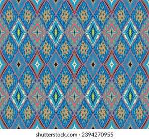 Seamless pattern with multicolored diamonds. Geometric chevron abstract illustration, wallpaper. Tribal ethnic vector texture. Aztec style. Folk embroidery. Indian, Scandinavian, African rug.