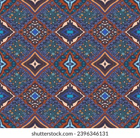 Seamless pattern with multicolored diamonds. Geometric chevron abstract illustration, wallpaper. Tribal ethnic vector texture. Aztec style. Folk embroidery. Indian, Scandinavian, African rug.