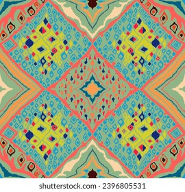 Nahtloses Muster mit mehrfarbigen Diamanten. Abstrakte, geometrische Darstellung des Chevron, Tapete. Stammesethnische Vektorstruktur. Aztec-Stil. Folkstickerei. Indischer, skandinavischer, afrikanischer Teppich.