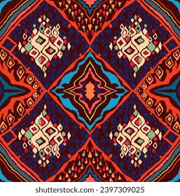Seamless pattern with multicolored diamonds. Geometric chevron abstract illustration, wallpaper. Tribal ethnic vector texture. Aztec style. Folk embroidery. Indian, Scandinavian, African rug.