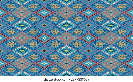 Seamless pattern with multicolored diamonds. Geometric chevron abstract illustration, wallpaper. Tribal ethnic vector texture. Aztec style. Folk embroidery. Indian, Scandinavian, African rug.