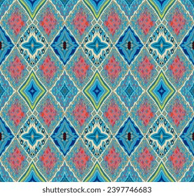 Seamless pattern with multicolored diamonds. Geometric chevron abstract illustration, wallpaper. Tribal ethnic vector texture. Aztec style. Folk embroidery. Indian, Scandinavian, African rug.