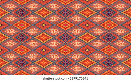 Seamless pattern with multicolored diamonds. Geometric chevron abstract illustration, wallpaper. Tribal ethnic vector texture. Aztec style. Folk embroidery. Indian, Scandinavian, African rug.