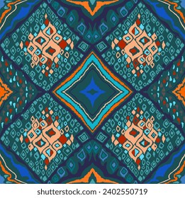Seamless pattern with multicolored diamonds. Geometric chevron abstract illustration, wallpaper. Tribal ethnic vector texture. Aztec style. Folk embroidery. Indian, Scandinavian, African rug.