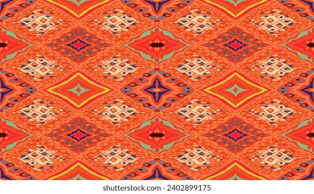Seamless pattern with multicolored diamonds. Geometric chevron abstract illustration, wallpaper. Tribal ethnic vector texture. Aztec style. Folk embroidery. Indian, Scandinavian, African rug.
