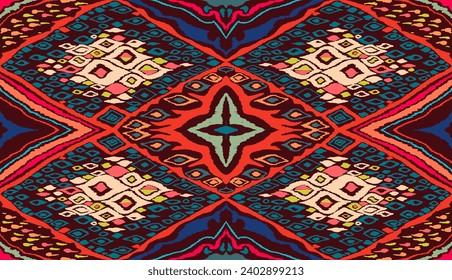 Seamless pattern with multicolored diamonds. Geometric chevron abstract illustration, wallpaper. Tribal ethnic vector texture. Aztec style. Folk embroidery. Indian, Scandinavian, African rug.