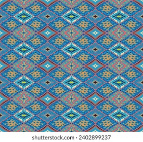 Seamless pattern with multicolored diamonds. Geometric chevron abstract illustration, wallpaper. Tribal ethnic vector texture. Aztec style. Folk embroidery. Indian, Scandinavian, African rug.
