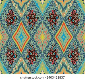 Seamless pattern with multicolored diamonds. Geometric chevron abstract illustration, wallpaper. Tribal ethnic vector texture. Aztec style. Folk embroidery. Indian, Scandinavian, African rug.