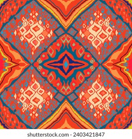 Seamless pattern with multicolored diamonds. Geometric chevron abstract illustration, wallpaper. Tribal ethnic vector texture. Aztec style. Folk embroidery. Indian, Scandinavian, African rug.