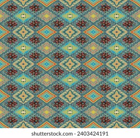 Seamless pattern with multicolored diamonds. Geometric chevron abstract illustration, wallpaper. Tribal ethnic vector texture. Aztec style. Folk embroidery. Indian, Scandinavian, African rug.