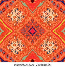Seamless pattern with multicolored diamonds. Geometric chevron abstract illustration, wallpaper. Tribal ethnic vector texture. Aztec style. Folk embroidery. Indian, Scandinavian, African rug.