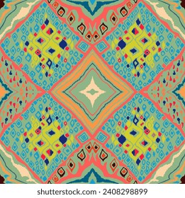 Seamless pattern with multicolored diamonds. Geometric chevron abstract illustration, wallpaper. Tribal ethnic vector texture. Aztec style. Folk embroidery. Indian, Scandinavian, African rug.