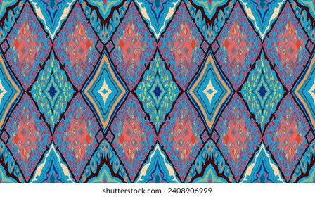 Seamless pattern with multicolored diamonds. Geometric chevron abstract illustration, wallpaper. Tribal ethnic vector texture. Aztec style. Folk embroidery. Indian, Scandinavian, African rug.