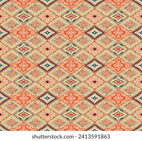 Seamless pattern with multicolored diamonds. Geometric chevron abstract illustration, wallpaper. Tribal ethnic vector texture. Aztec style. Folk embroidery. Indian, Scandinavian, African rug.