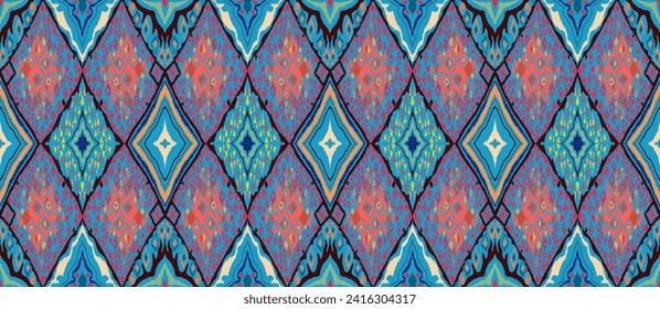 Seamless pattern with multicolored diamonds. Geometric chevron abstract illustration, wallpaper. Tribal ethnic vector texture. Aztec style. Folk embroidery. Indian, Scandinavian, African rug.