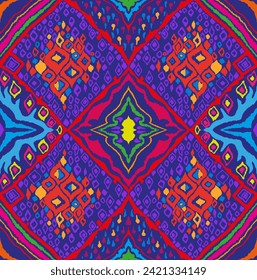 Seamless pattern with multicolored diamonds. Geometric chevron abstract illustration, wallpaper. Tribal ethnic vector texture. Aztec style. Folk embroidery. Indian, Scandinavian, African rug.