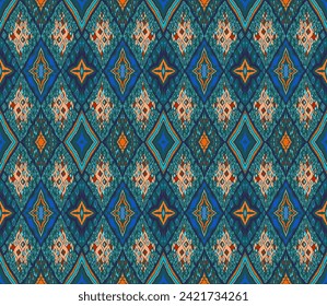 Seamless pattern with multicolored diamonds. Geometric chevron abstract illustration, wallpaper. Tribal ethnic vector texture. Aztec style. Folk embroidery. Indian, Scandinavian, African rug.