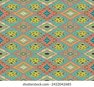 Patrón sin problemas con diamantes multicolores. Ilustración abstracta de chevron geométrico, fondo de pantalla. Textura vectorial étnica tribal. Estilo azteca. bordado popular. Indio, escandinavo, alfombra africana.
