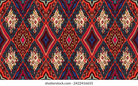 Seamless pattern with multicolored diamonds. Geometric chevron abstract illustration, wallpaper. Tribal ethnic vector texture. Aztec style. Folk embroidery. Indian, Scandinavian, African rug.