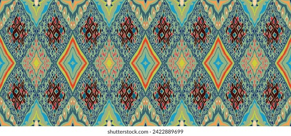 Seamless pattern with multicolored diamonds. Geometric chevron abstract illustration, wallpaper. Tribal ethnic vector texture. Aztec style. Folk embroidery. Indian, Scandinavian, African rug.