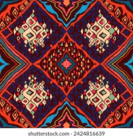Seamless pattern with multicolored diamonds. Geometric chevron abstract illustration, wallpaper. Tribal ethnic vector texture. Aztec style. Folk embroidery. Indian, Scandinavian, African rug.