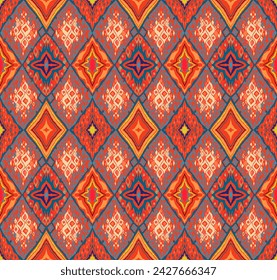 Patrón sin costuras con diamantes multicolores. Ilustración abstracta de chevron geométrico, papel pintado. Textura de vector étnico tribal. Estilo azteca. Bordado popular. Alfombra india, escandinava, africana.