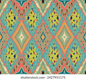 Seamless pattern with multicolored diamonds. Geometric chevron abstract illustration, wallpaper. Tribal ethnic vector texture. Aztec style. Folk embroidery. Indian, Scandinavian, African rug.
