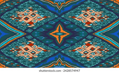 Seamless pattern with multicolored diamonds. Geometric chevron abstract illustration, wallpaper. Tribal ethnic vector texture. Aztec style. Folk embroidery. Indian, Scandinavian, African rug.