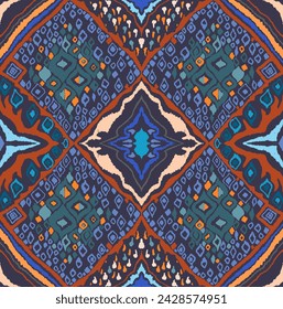Seamless pattern with multicolored diamonds. Geometric chevron abstract illustration, wallpaper. Tribal ethnic vector texture. Aztec style. Folk embroidery. Indian, Scandinavian, African rug.