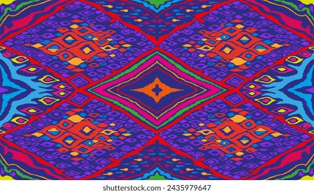 Seamless pattern with multicolored diamonds. Geometric chevron abstract illustration, wallpaper. Tribal ethnic vector texture. Aztec style. Folk embroidery. Indian, Scandinavian, African rug.