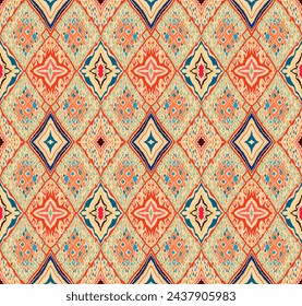 Seamless pattern with multicolored diamonds. Geometric chevron abstract illustration, wallpaper. Tribal ethnic vector texture. Aztec style. Folk embroidery. Indian, Scandinavian, African rug.