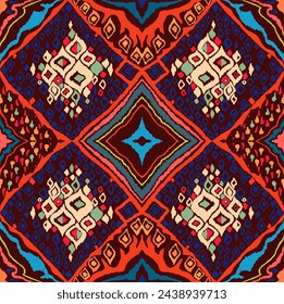 Nahtloses Muster mit mehrfarbigen Diamanten. Geometrische Chevron abstrakte Illustration, Tapete. Textur von ethnischen Vektoren. Azteken-Stil. Volksstickerei. Indischer, skandinavischer, afrikanischer Teppich.