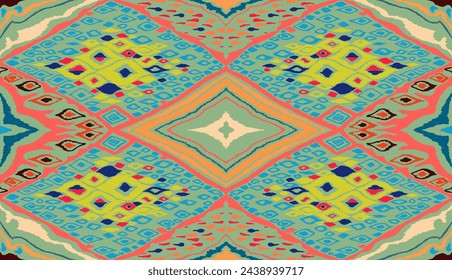 Seamless pattern with multicolored diamonds. Geometric chevron abstract illustration, wallpaper. Tribal ethnic vector texture. Aztec style. Folk embroidery. Indian, Scandinavian, African rug.
