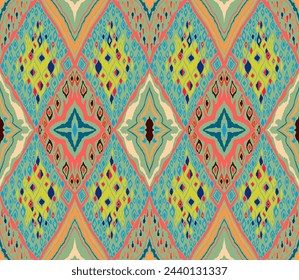 Seamless pattern with multicolored diamonds. Geometric chevron abstract illustration, wallpaper. Tribal ethnic vector texture. Aztec style. Folk embroidery. Indian, Scandinavian, African rug.