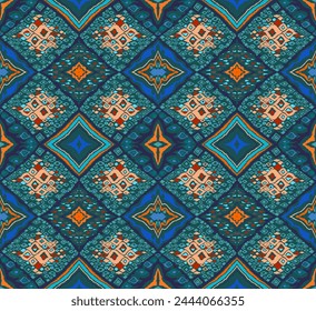 Seamless pattern with multicolored diamonds. Geometric chevron abstract illustration, wallpaper. Tribal ethnic vector texture. Aztec style. Folk embroidery. Indian, Scandinavian, African rug.
