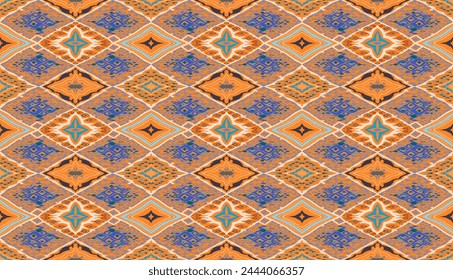 Seamless pattern with multicolored diamonds. Geometric chevron abstract illustration, wallpaper. Tribal ethnic vector texture. Aztec style. Folk embroidery. Indian, Scandinavian, African rug.