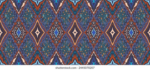 Seamless pattern with multicolored diamonds. Geometric chevron abstract illustration, wallpaper. Tribal ethnic vector texture. Aztec style. Folk embroidery. Indian, Scandinavian, African rug.