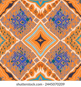 Seamless pattern with multicolored diamonds. Geometric chevron abstract illustration, wallpaper. Tribal ethnic vector texture. Aztec style. Folk embroidery. Indian, Scandinavian, African rug.