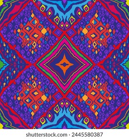 Seamless pattern with multicolored diamonds. Geometric chevron abstract illustration, wallpaper. Tribal ethnic vector texture. Aztec style. Folk embroidery. Indian, Scandinavian, African rug.