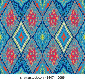 Seamless pattern with multicolored diamonds. Geometric chevron abstract illustration, wallpaper. Tribal ethnic vector texture. Aztec style. Folk embroidery. Indian, Scandinavian, African rug.